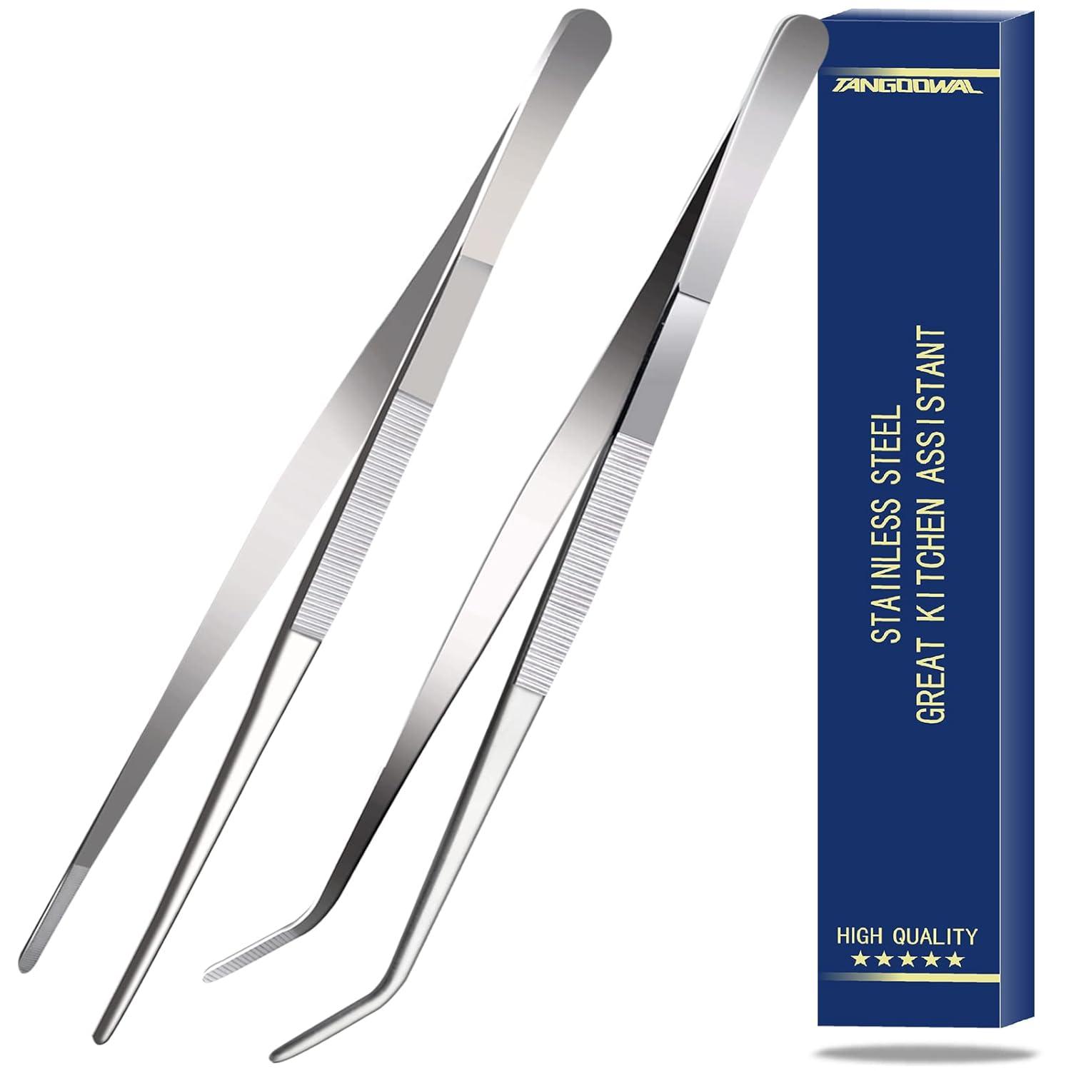 Bentne 12Inch Fine Tweezer Tongs 2pcs Extra Long Stainless Steel Tweezers Tongs for Outdoor BBQ Daily Cooking