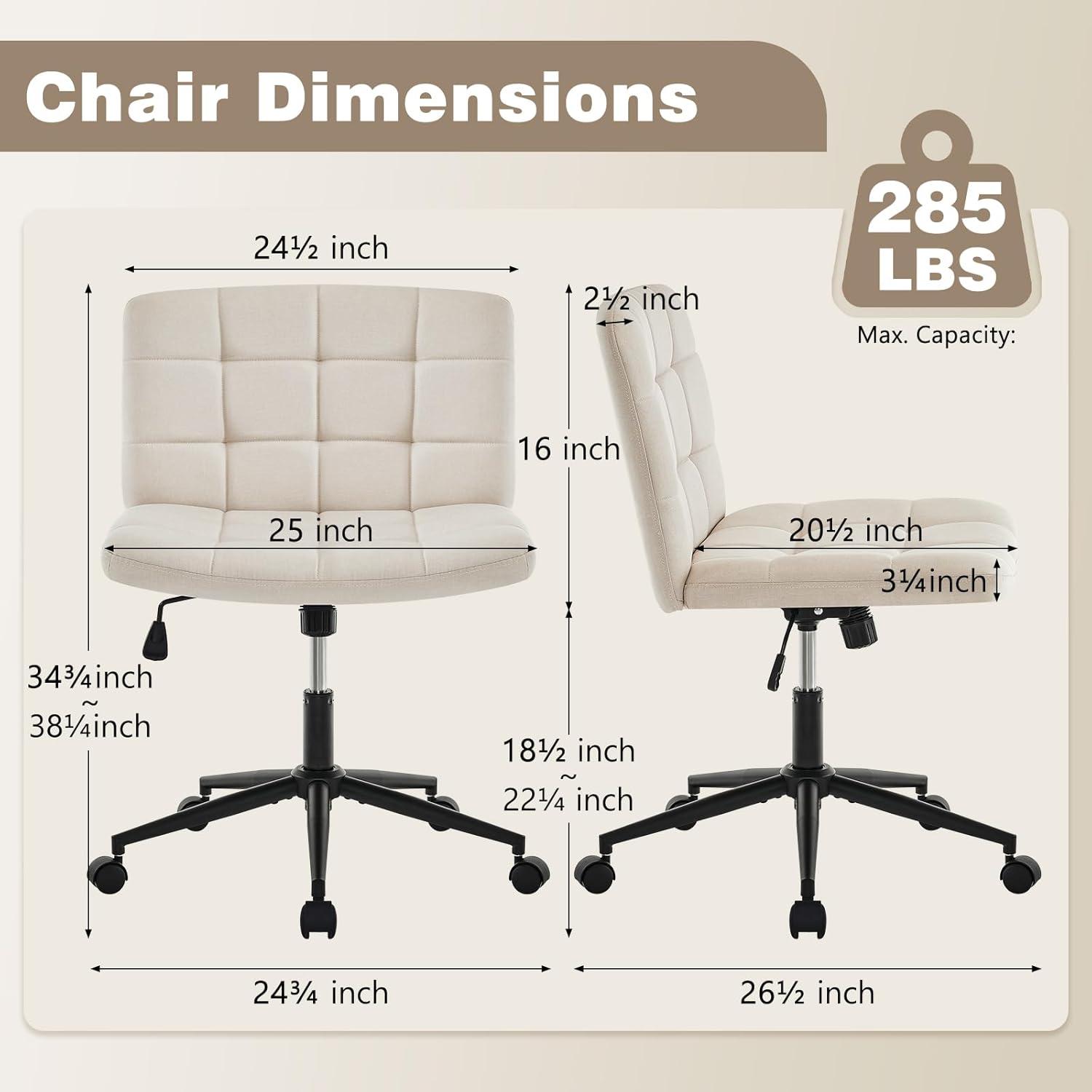 Furniliving Modern Armless Office Desk Chair, Velvet Cute Vanity Chair with Lumbar Support, 360° Swivel Office Chair for Bedroom, Office, Pink