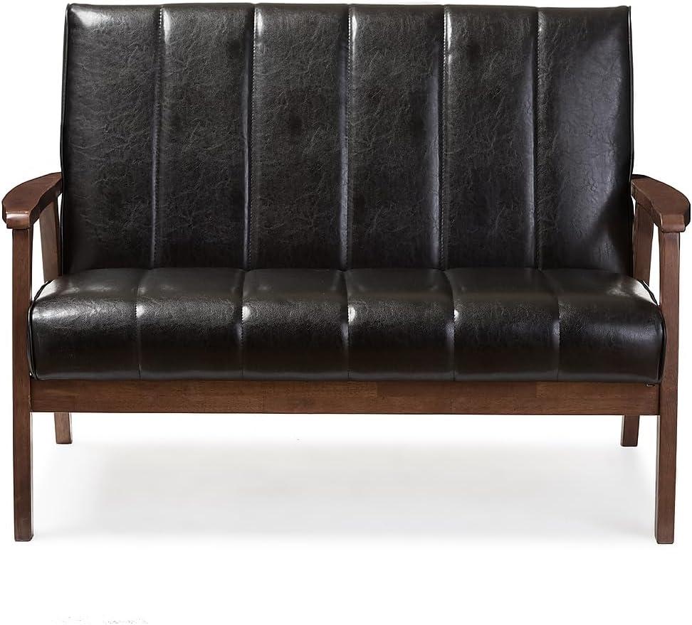 Nikko Mid-Century Modern Scandinavian Style Faux Leather Wooden 2 Seater Loveseat Dark Brown - Baxton Studio: Compact, Rubberwood Frame, Easy to Clean