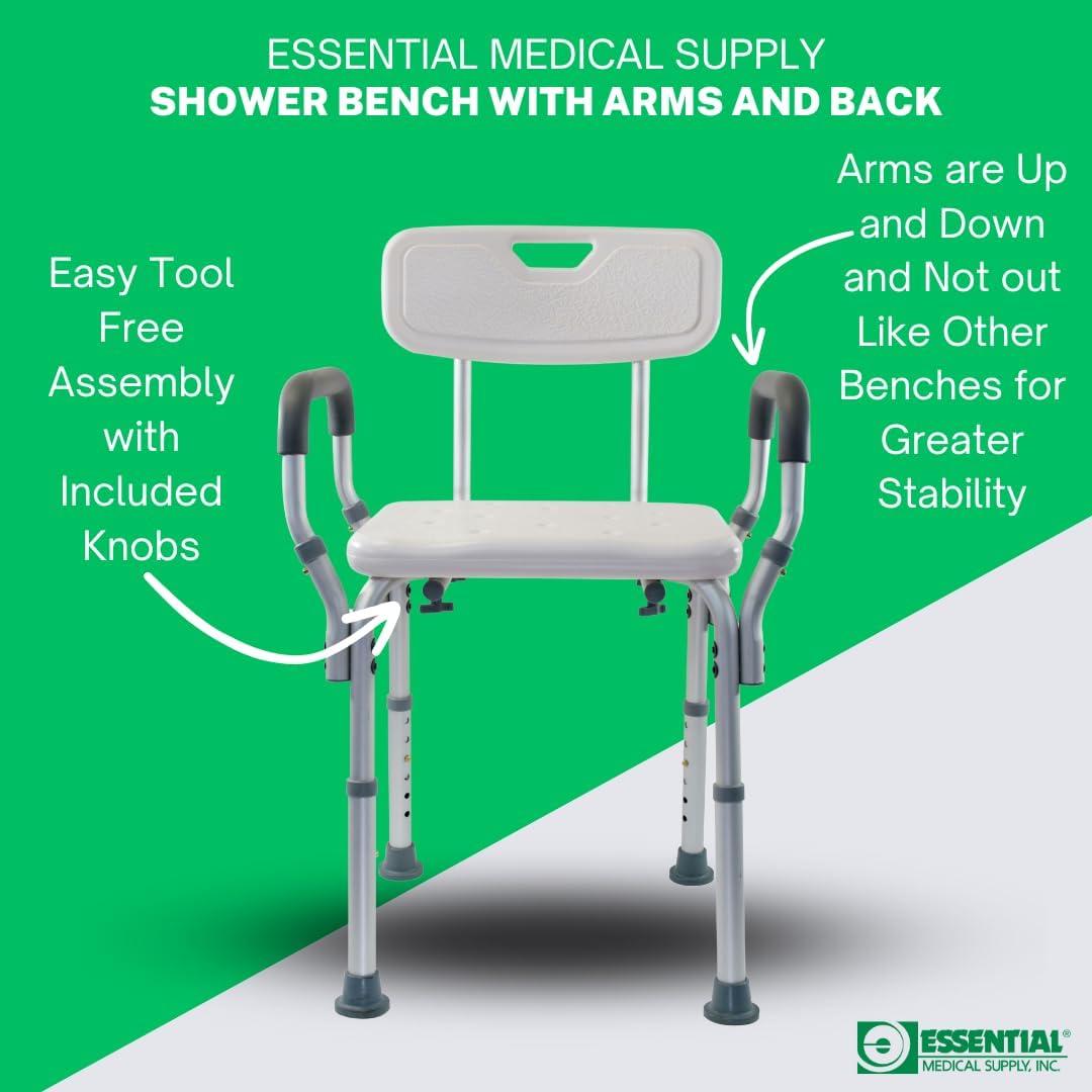 Essential Medical Supply Essential Medical Supply Height Adjustable Shower and Bath Bench with Padded Arms, Contoured Back and Textured Shower Chair Seat B3011