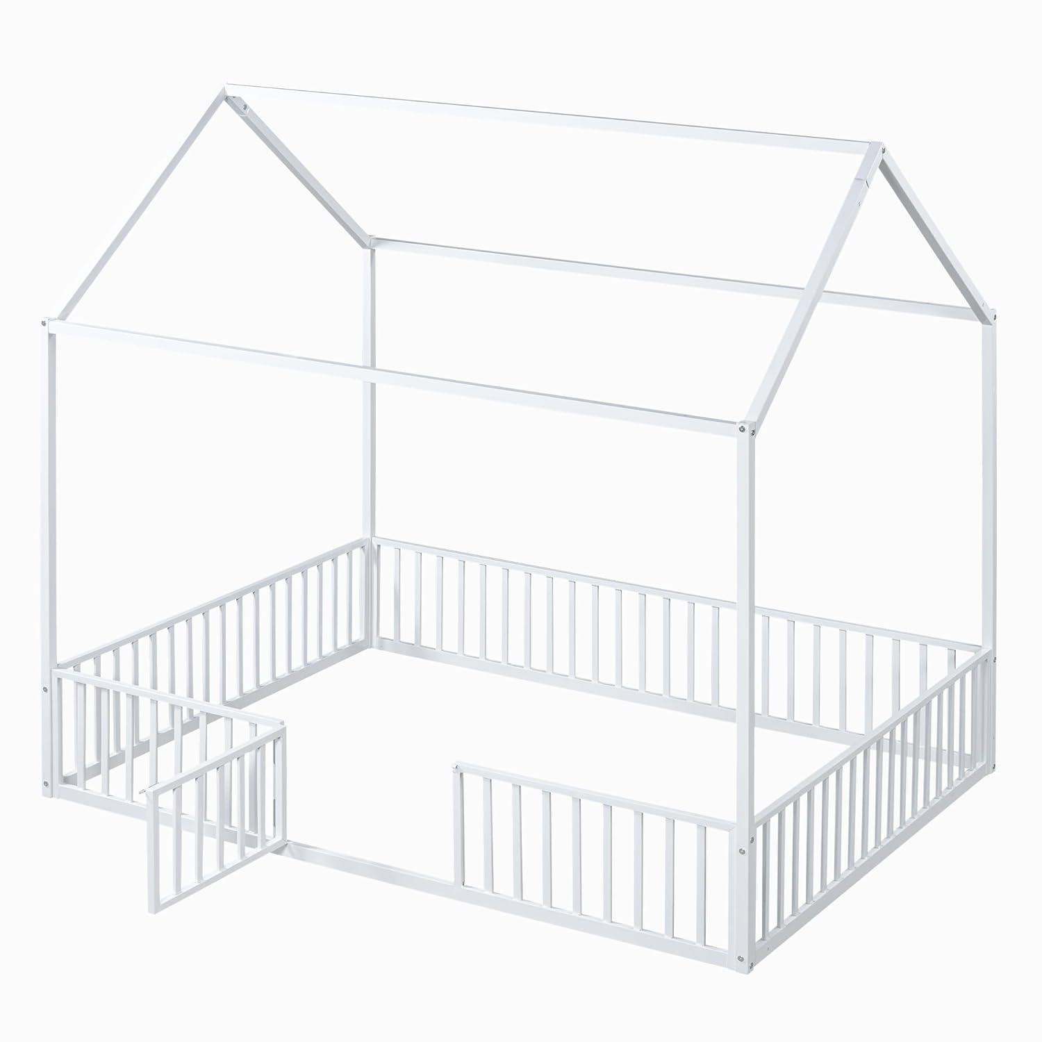 Bellemave Full Size Montessori House Bed for Kids, Metal Floor Beds with Fence Railings & Door, Twin Playhouse Bed for Boys Girls, Box Spring Needed, White