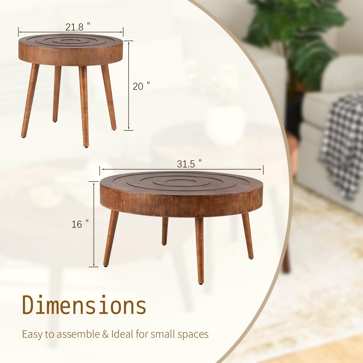 COSIEST 2 Piece Round Coffee Table Set, Modern Nesting Table with Handcrafted Wood Ring Motif, Farmhouse Wood End Table for Living Room
