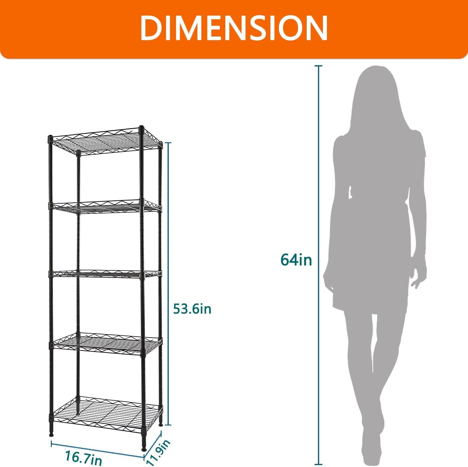 Adjustable Black Metal 5-Tier Wire Shelving Unit