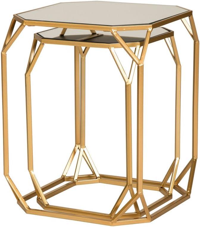 Glitzhome Set of 2 Glam Glass Modern Side Table Sofa Table Octagon-Gold Octagon
