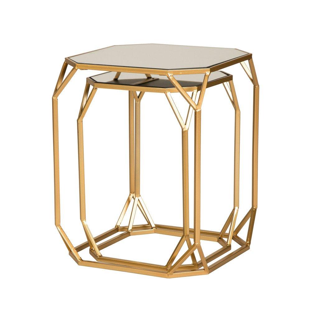 Glitzhome Set of 2 Glam Glass Modern Side Table Sofa Table Octagon-Gold Octagon