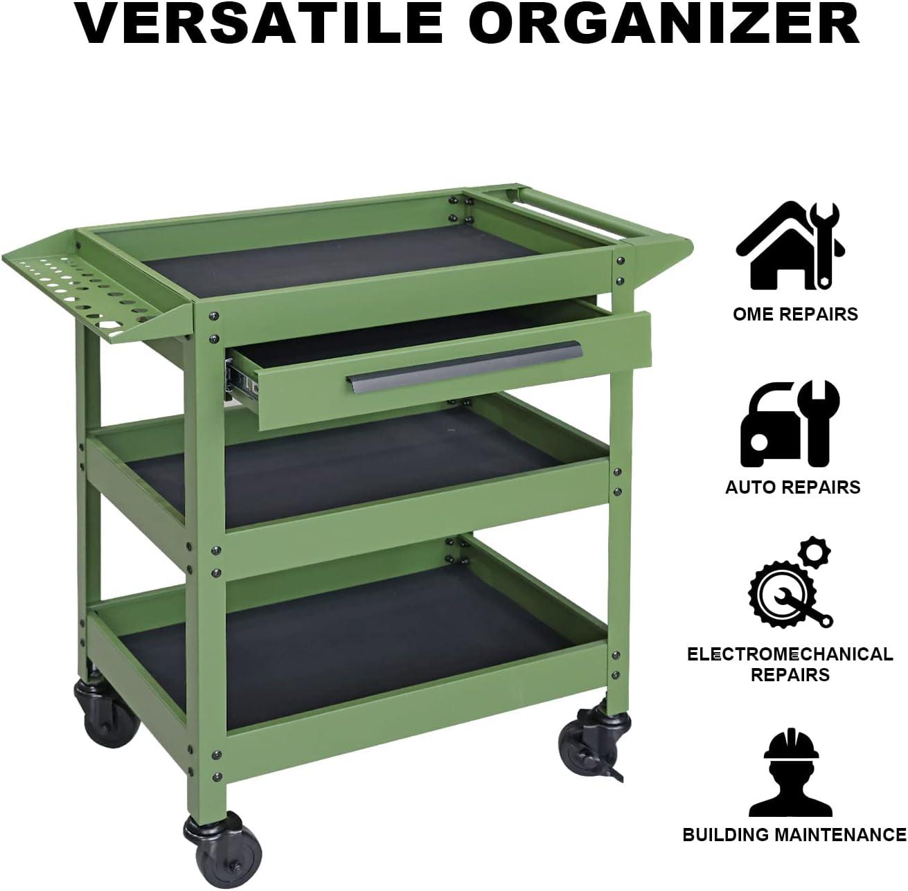 Torin 3 Layers Utility Cart:Multifunction Rolling/Service Tool Cart for Home, Green