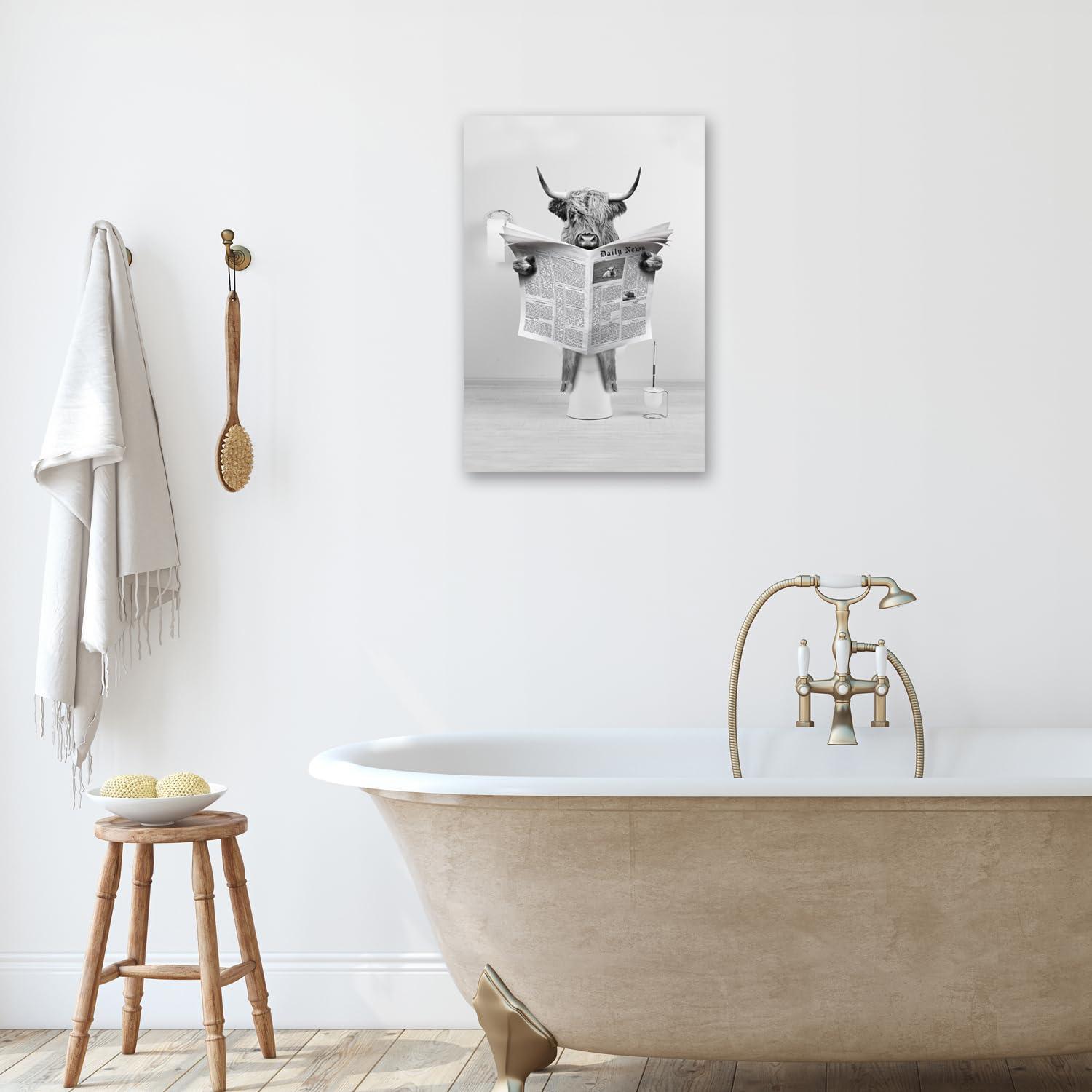Modern Black Framed Highland Cow Wall Art Minimalist Bathroom Wall Decor Cute Funny Animals Artwork Canvas Prints Ready to Hang for Guest Bathroom, Hotel, Condo, Kids Bathroom, 12”x16”