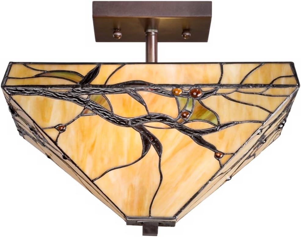 Robert Louis Tiffany Mission Rustic Ceiling Light Semi Flush Mount Fixture 14" Wide Bronze 2-Light Budding Branch Art Glass Shade for Bedroom Kitchen