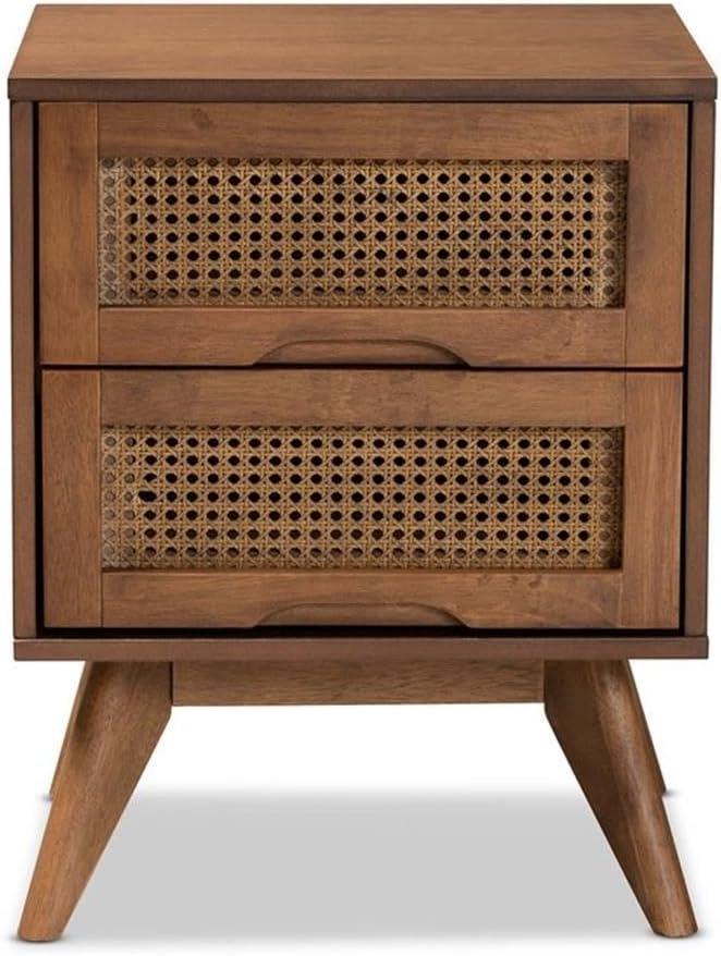 Barrett Wood & Synthetic Rattan Nightstand: 2 Drawers, Angled Legs - Baxton Studio