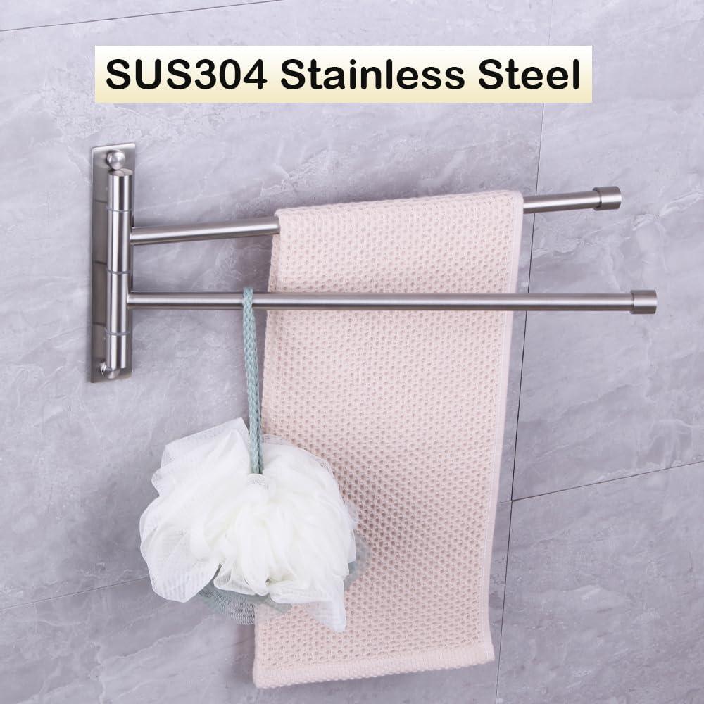 Stainless Steel Swing Out Towel Bar 2-Bar Folding Arm Swivel Hanger Bathroom Storage Organizer Rustproof Wall Mount Brushed Finish