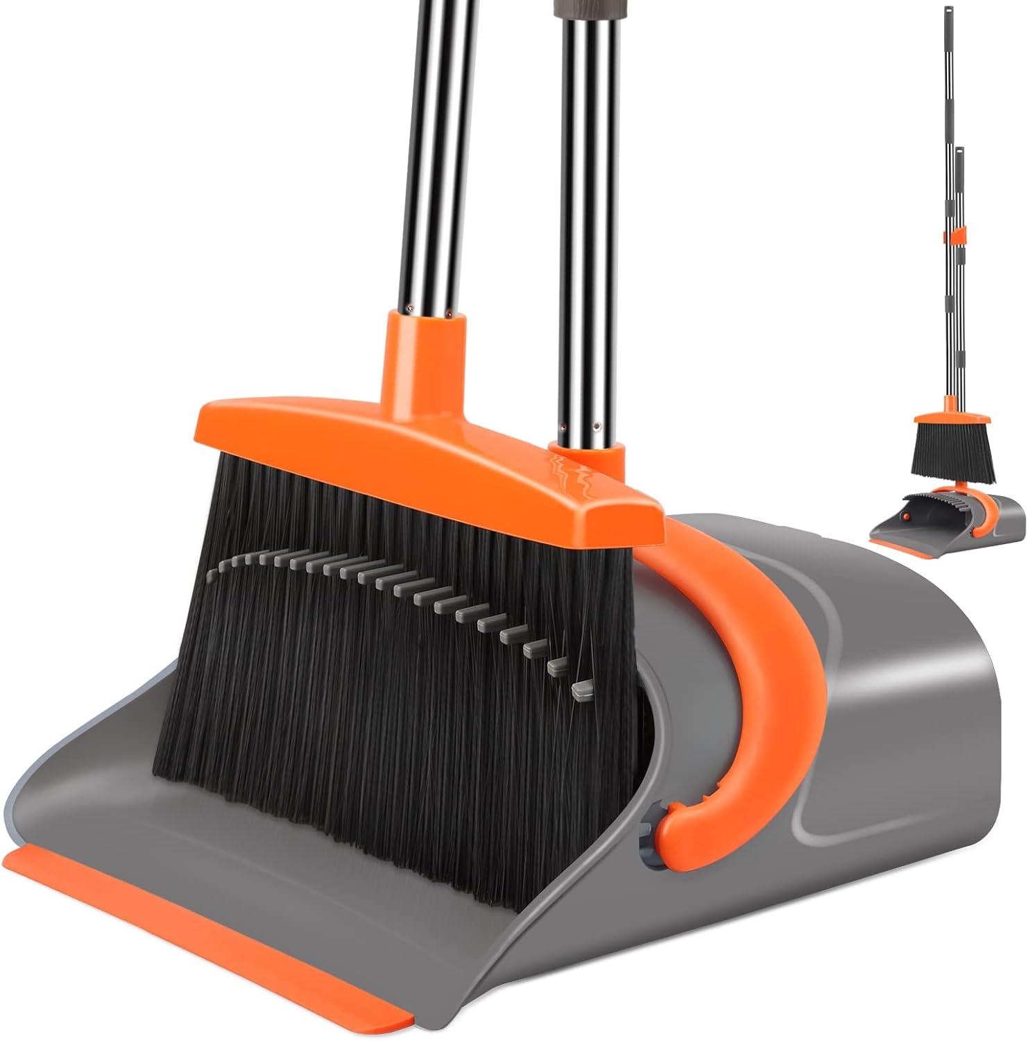 Heavy-Duty Broom and Dustpan Set for Outdoor Broom and Dust pan for Home Commercial Cleaning Supplies Angle Broom with Long Handle Perfect for Courtyard Garage Lobby Mall Market Street, B6