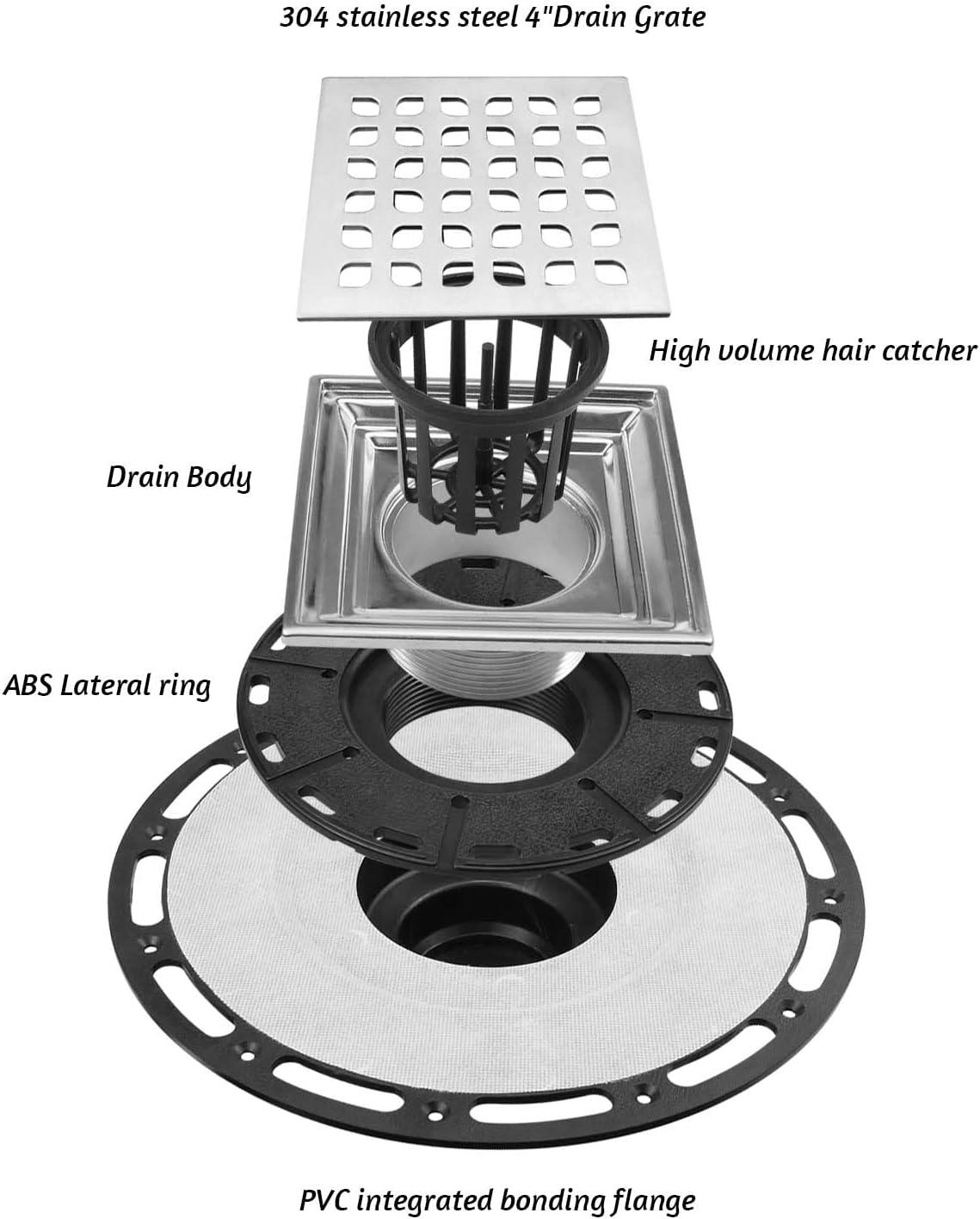 4 Inch Brushed Stainless Steel Square Shower Drain with PVC Base