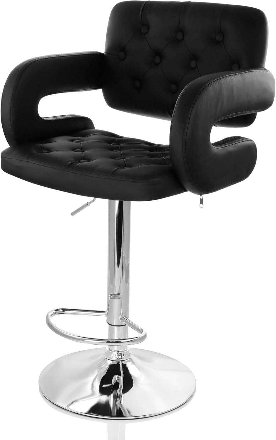 Elama Faux Leather Tufted Bar Stool in Black with Chrome Base and Adjustable Height