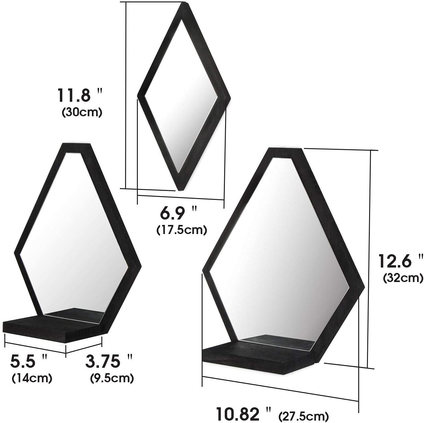 Design Wall Mount Decorative Mirrors- Set of 3, Geometric Rustic Wood Real Mirror with Shelf for Bedroom, Bathroom, Living Room, Kitchen Wall Art Décor