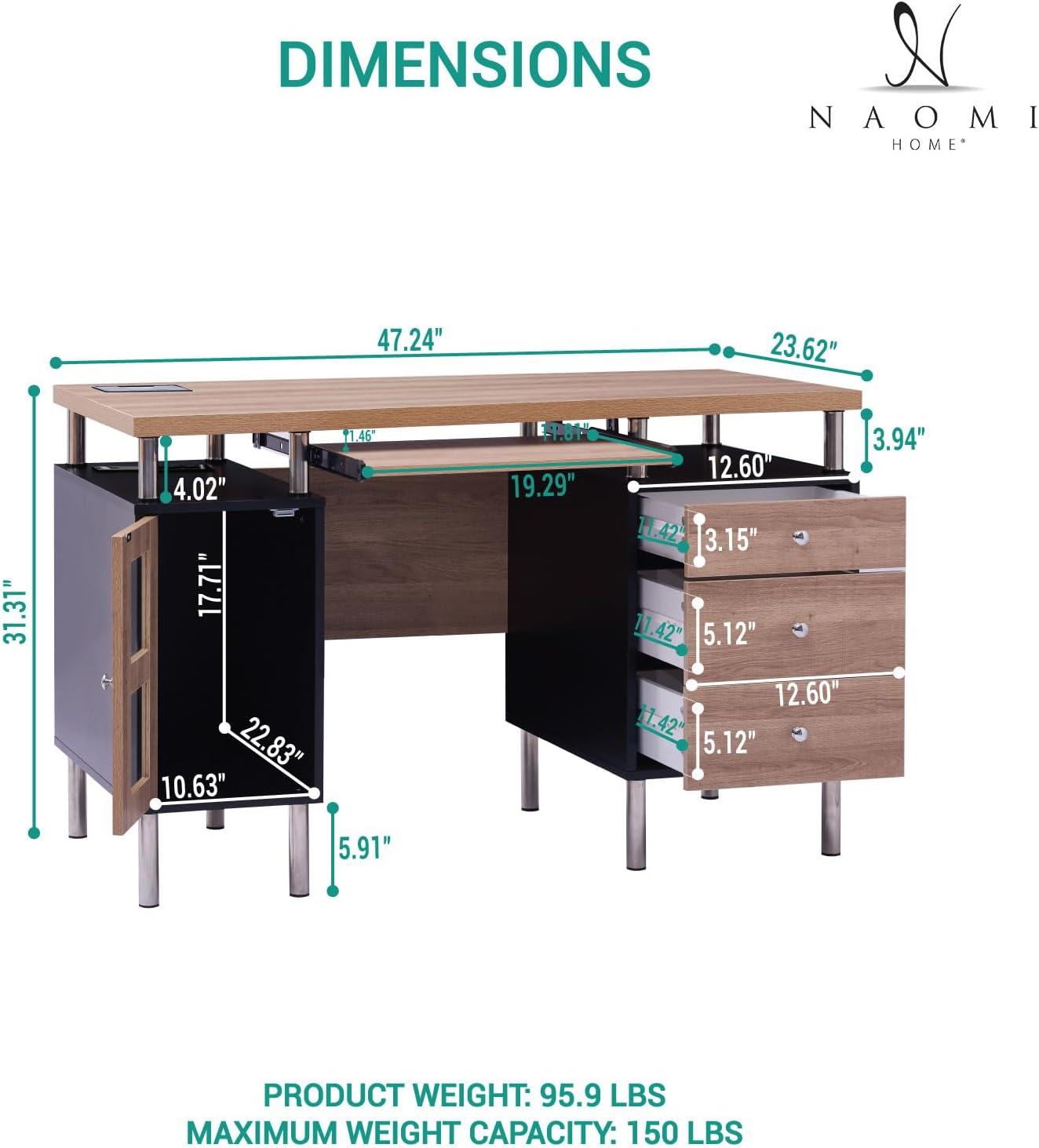 Black and Natural Wood Writing Desk with Drawers, Power Outlets, and USB Ports