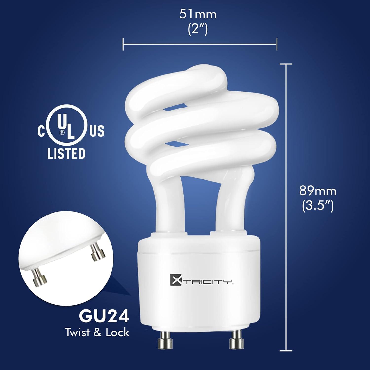 Xtricity Compact Fluorescent GU24 2 Prong Light Bulb Base, T2 Mini Spiral, 13W (60 Watt Equivalent), 2700k Soft White, 900 Lumens, CFL, 120V, UL Listed (2 Pack)