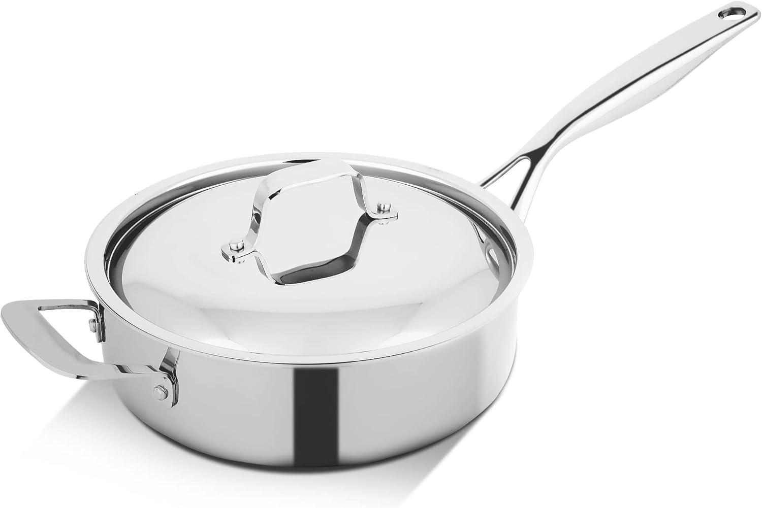 NutriChef 3.4-Quart Stainless Steel Sauté Pan with Lid