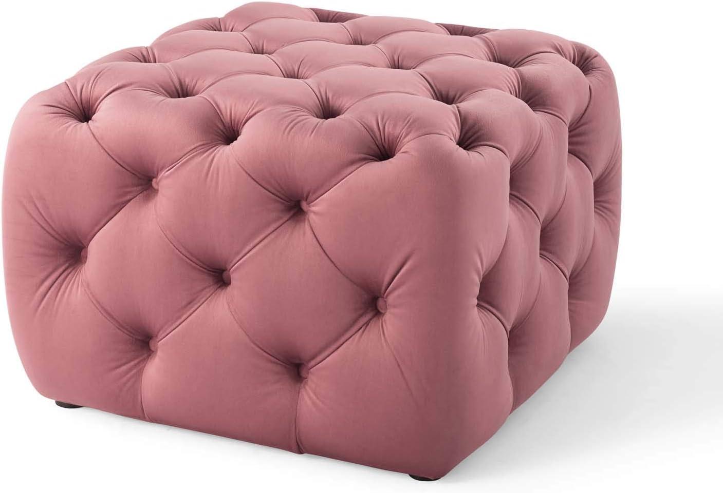 Dusty Rose Velvet Tufted Ottoman with Deep Button Detailing