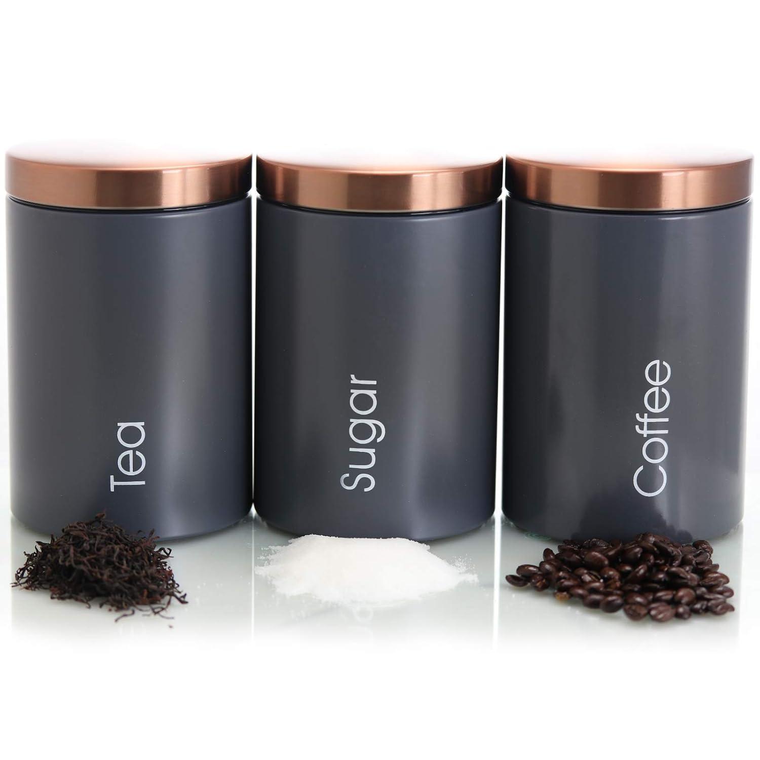 MegaChef Essential Kitchen Storage 3 Piece Sugar, Coffee and Tea Canister Set in Matte Gray