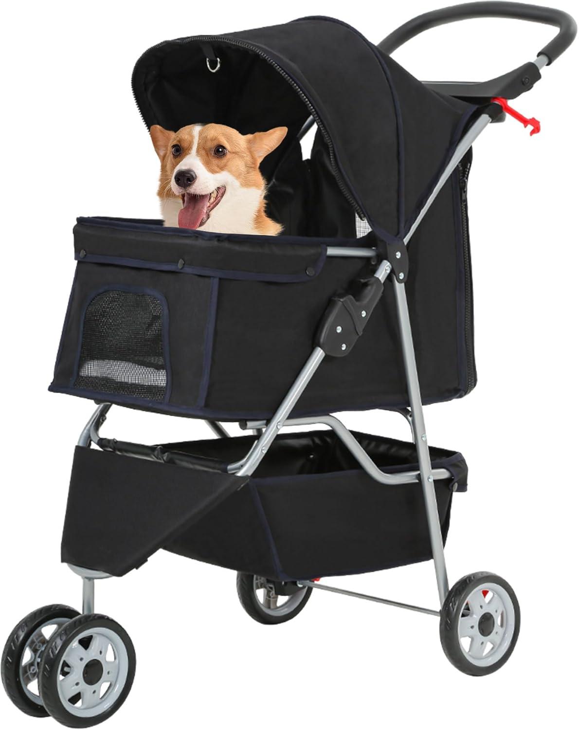 Black 3-Wheel Foldable Dog Stroller with Storage Basket