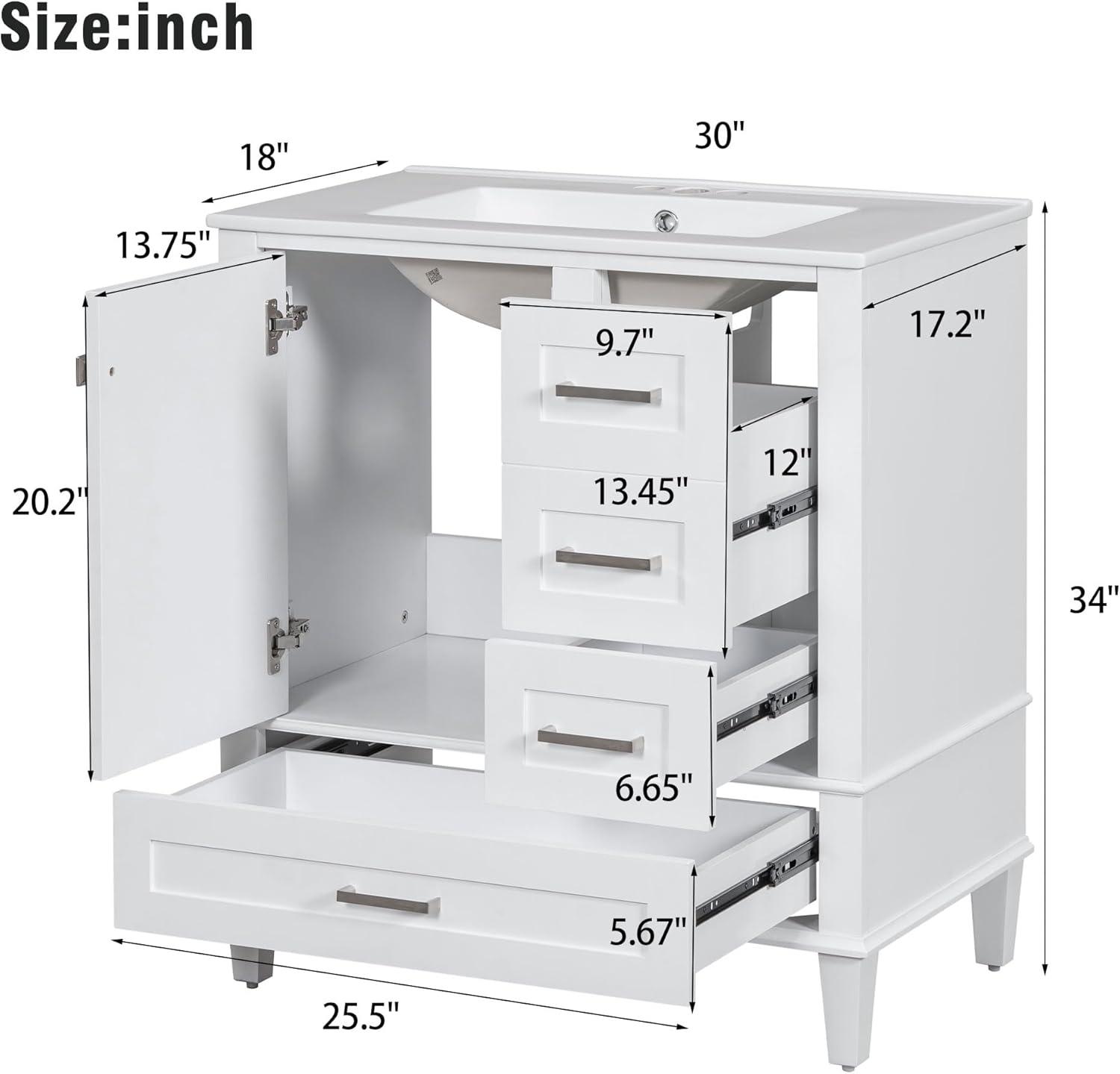 30" White Solid Wood Bathroom Vanity with Sink and Storage