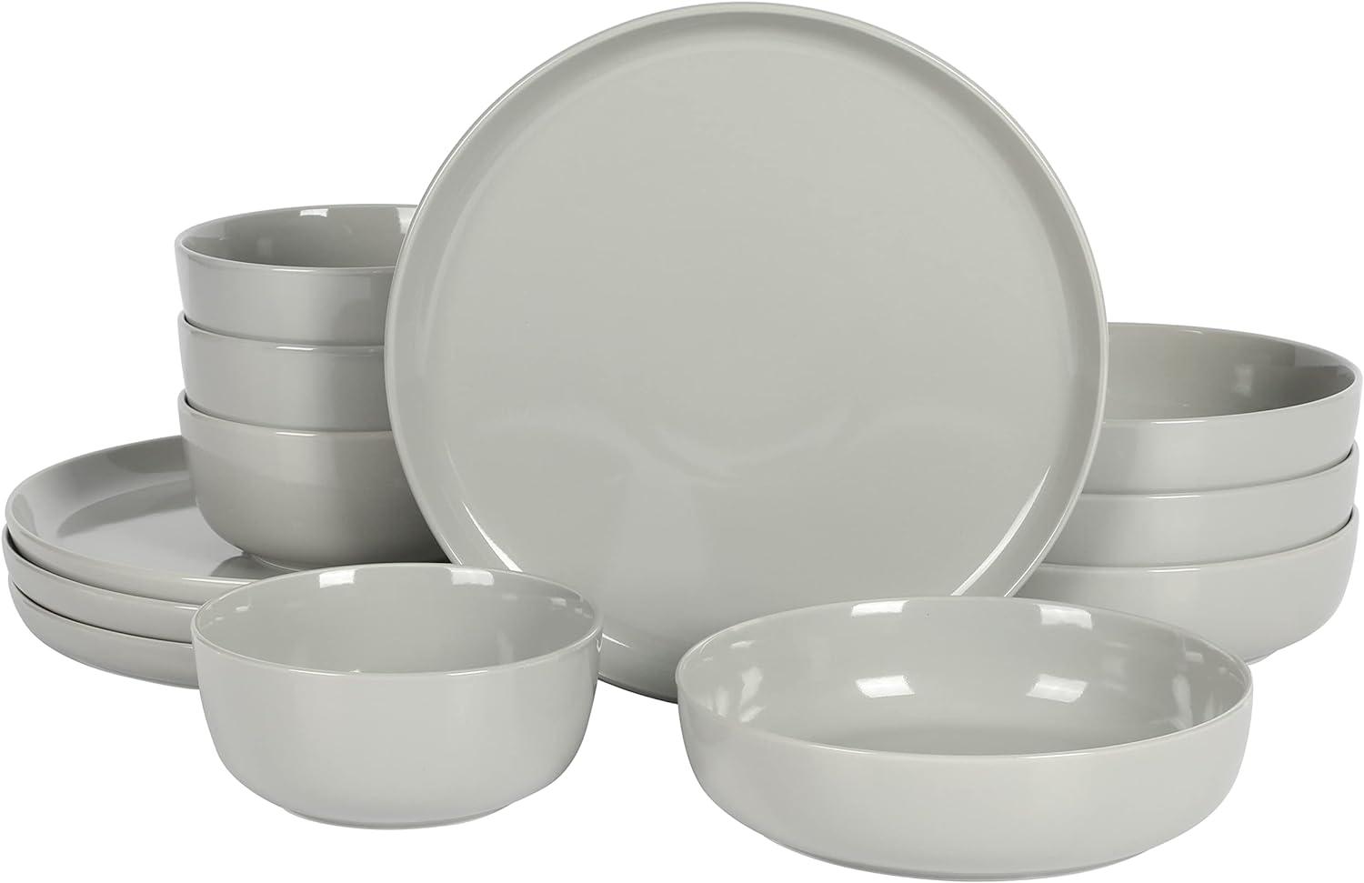 Grey Porcelain 12-Piece Dinnerware Set with Lipped Design