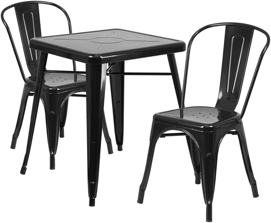 Flash Furniture Commercial Grade 23.75" Square Black Metal Indoor-Outdoor Table Set with 2 Stack Chairs