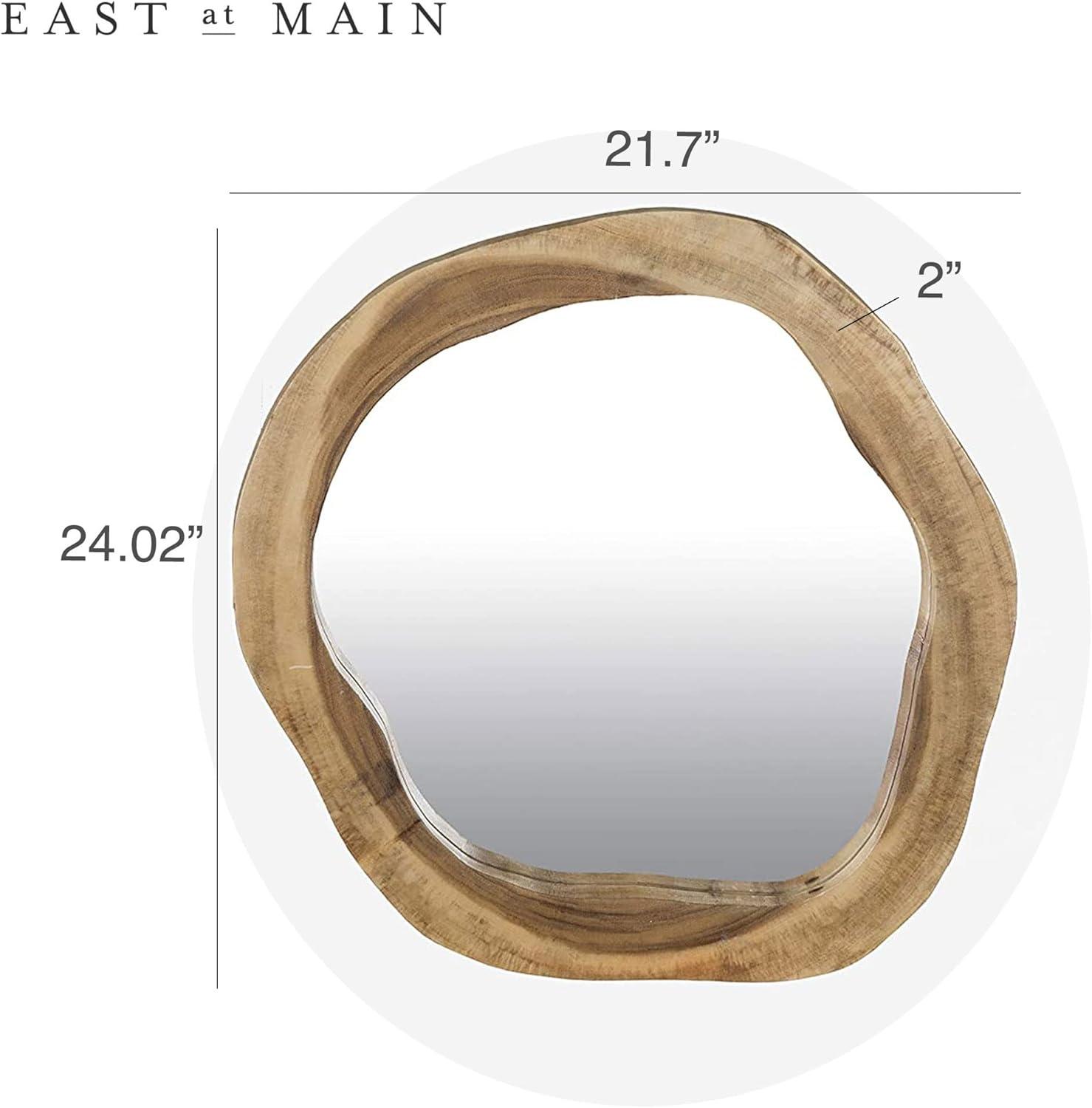 24" Round Natural Brown Solid Wood Asymmetrical Wall Mirror