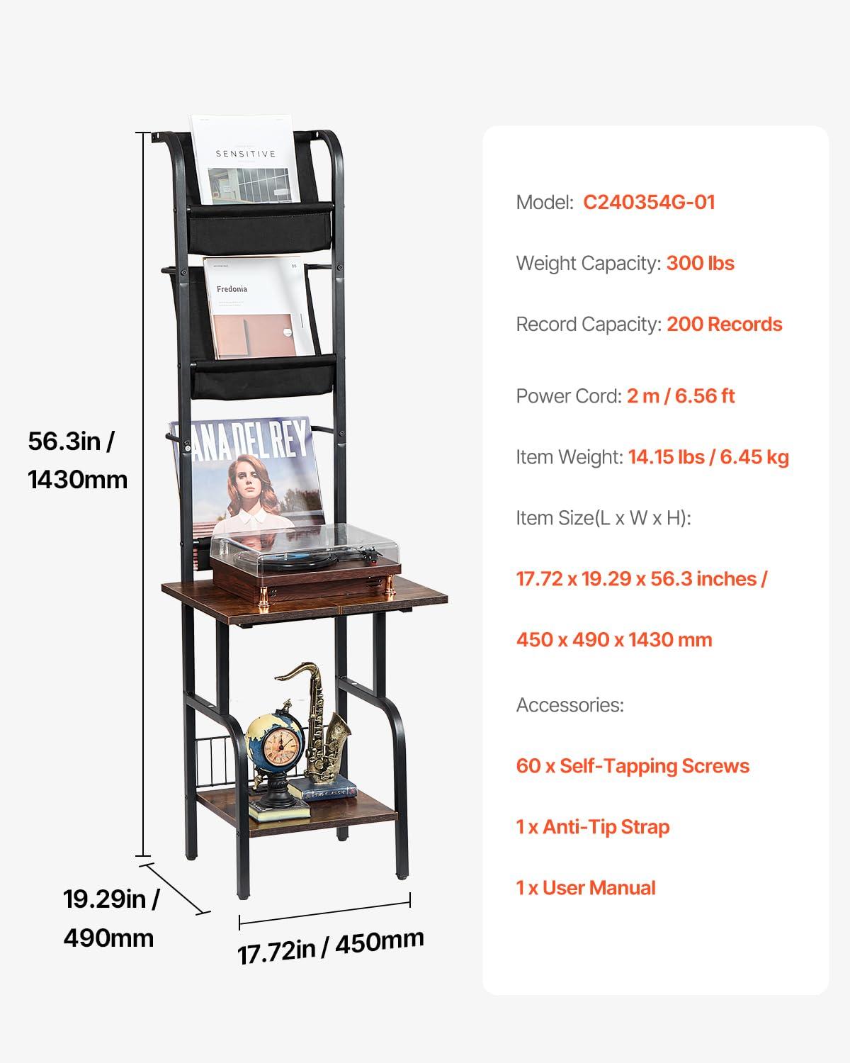 17 Stories 5 Tiers Record Player with LED Light & USB Ports Vinyl Shelf Black