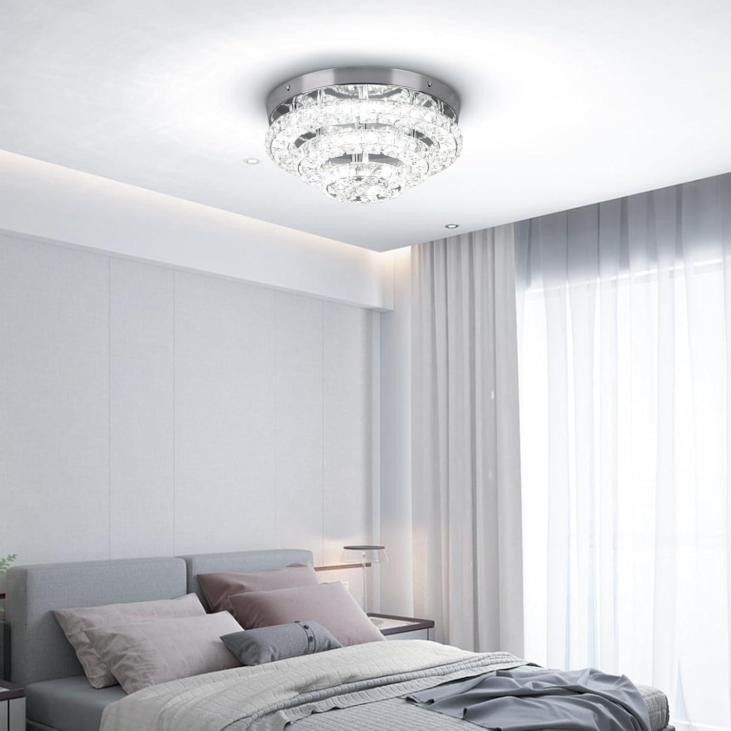 11.8" Crystal Chandeliers Modern Crystal Ceiling Light LED Chandeliers Semi Flush Mount Chandelier Crystal Ceiling Light Fixture for Bedrooms Dining Living Room Hallway (6500K Cool White)