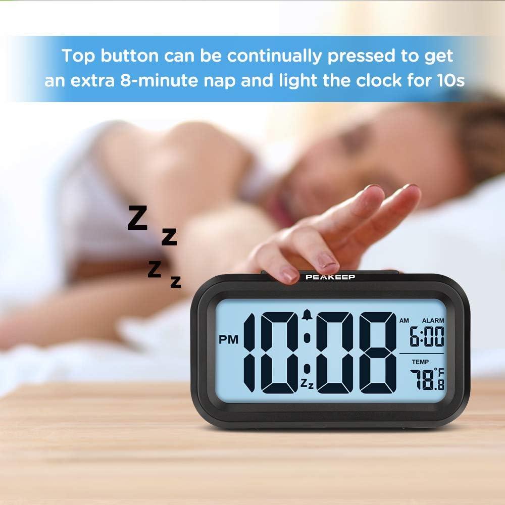 Peakeep Smart Night Light Digital Alarm Clock with Indoor Temperature, Battery Operated Desk Small Clock (Black)