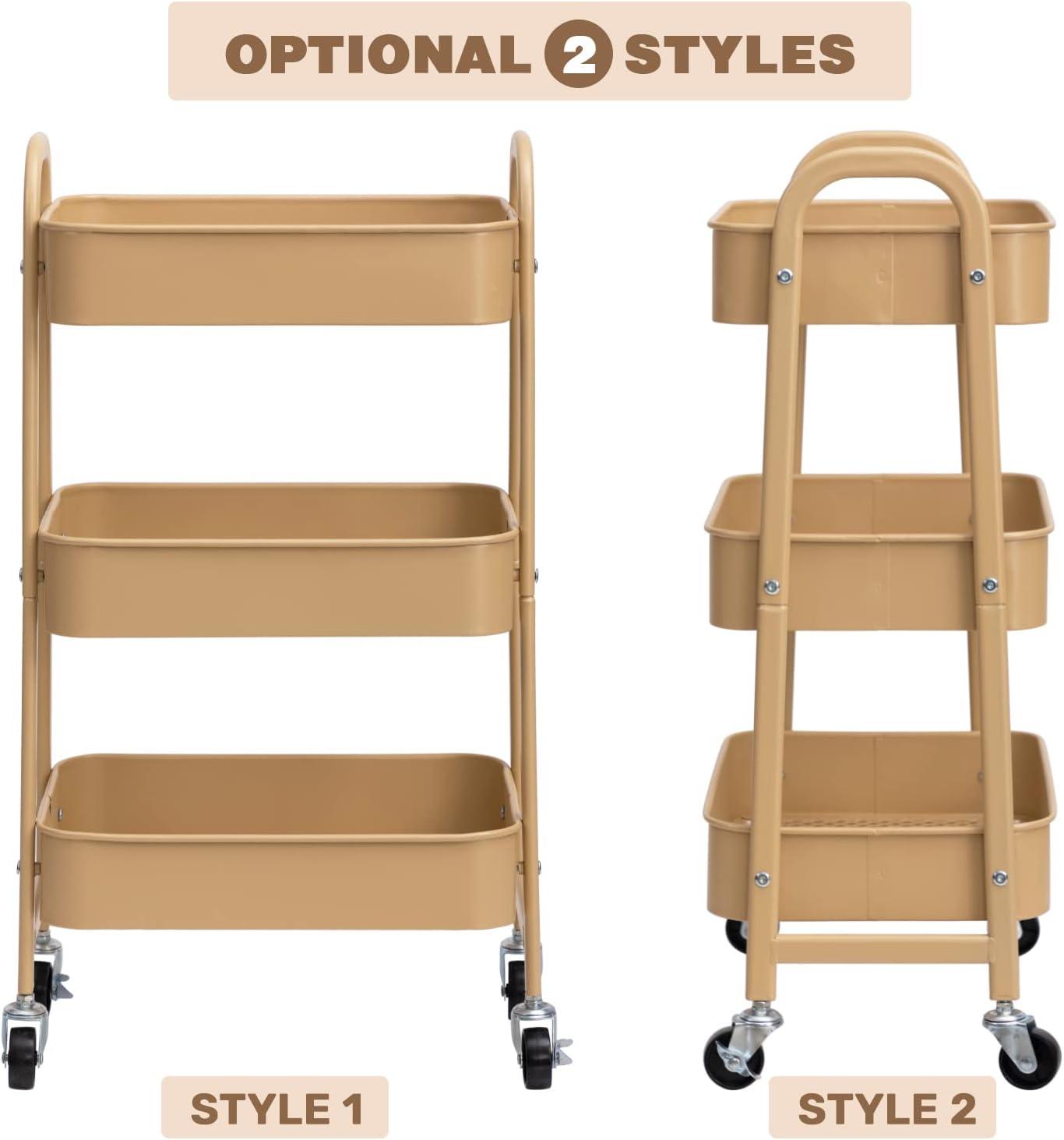 ZUNMOS 3 Tier Utility Rolling Cart, Metal Mobile Storage Cart with Lockable Caster Wheels, Storage Shelves Organizer Cart for Livingroom, Bathroom, Kitchen, & Narrow Places, White