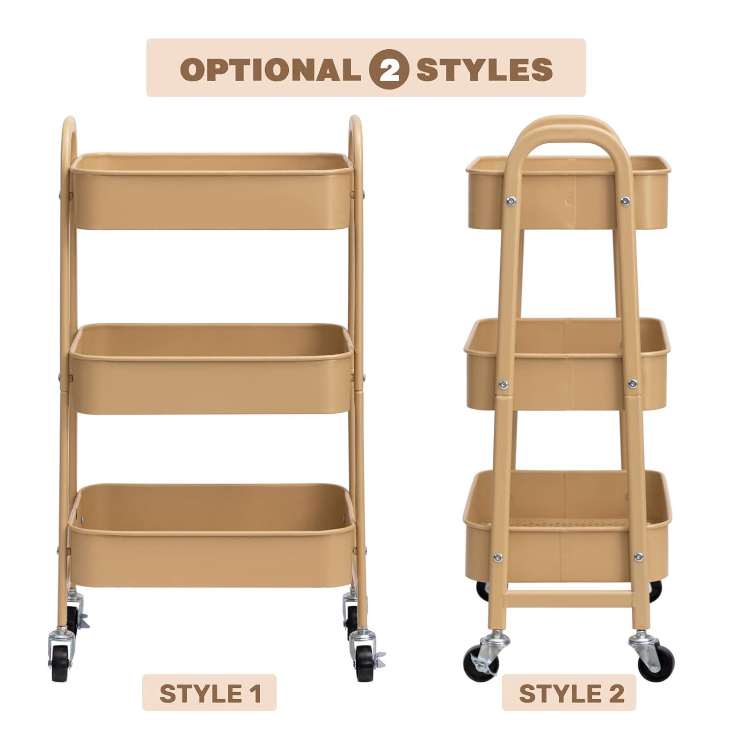 ZUNMOS 3 Tier Utility Rolling Cart, Metal Mobile Storage Cart with Lockable Caster Wheels, Storage Shelves Organizer Cart for Livingroom, Bathroom, Kitchen, & Narrow Places, White