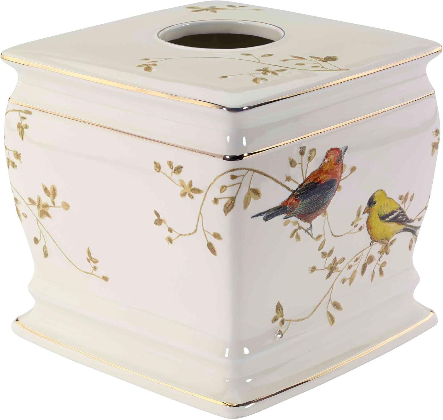 Ivory Ceramic Tissue Box Cover with Gold Trim and Bird Design