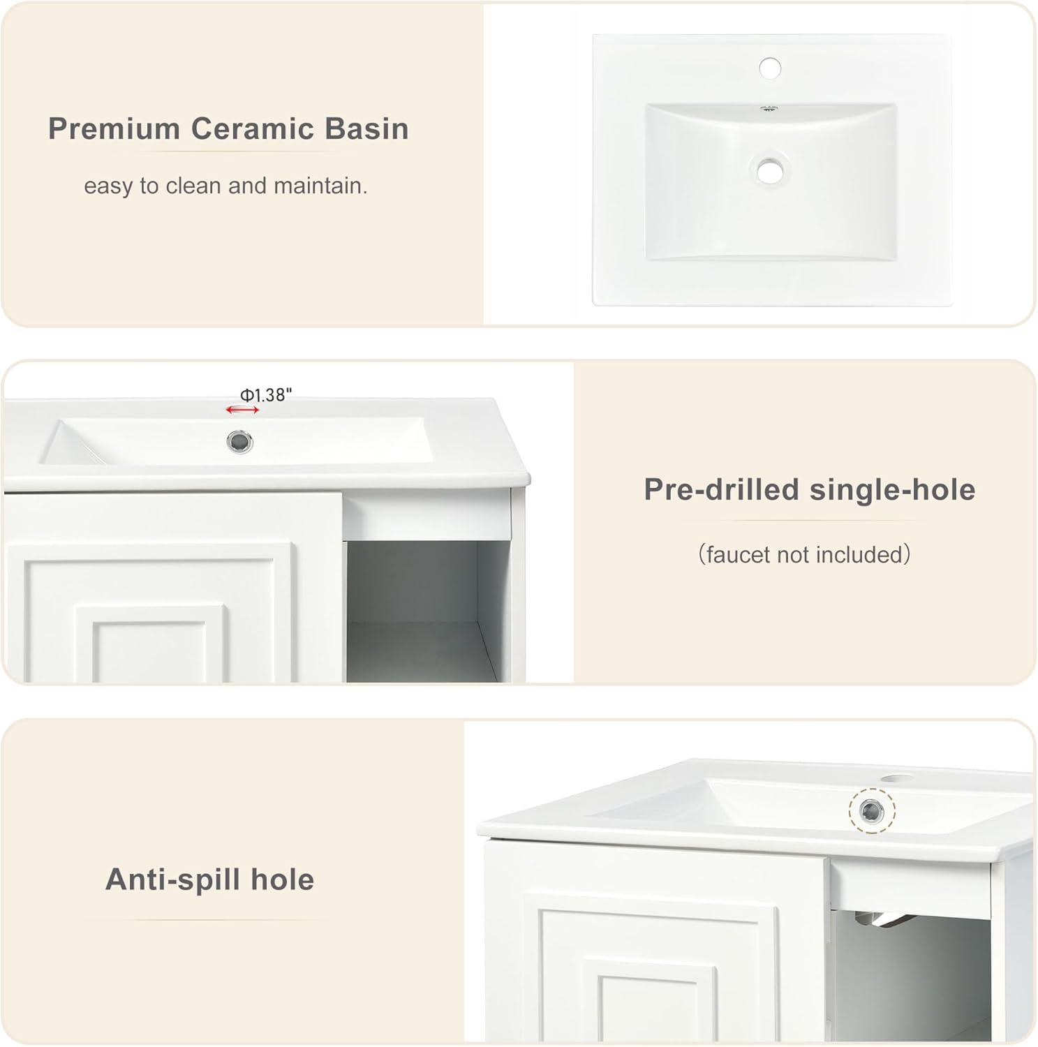 White 24-Inch Modern Bathroom Vanity with Ceramic Sink and Gold Legs