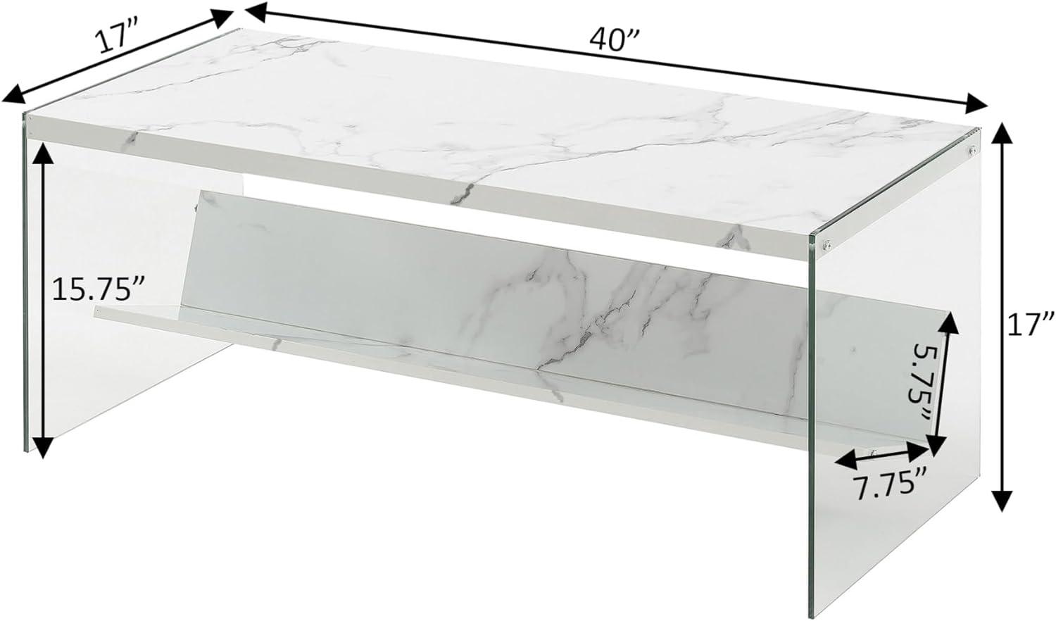 Sleek Modern 40" White Faux Marble and Glass Coffee Table