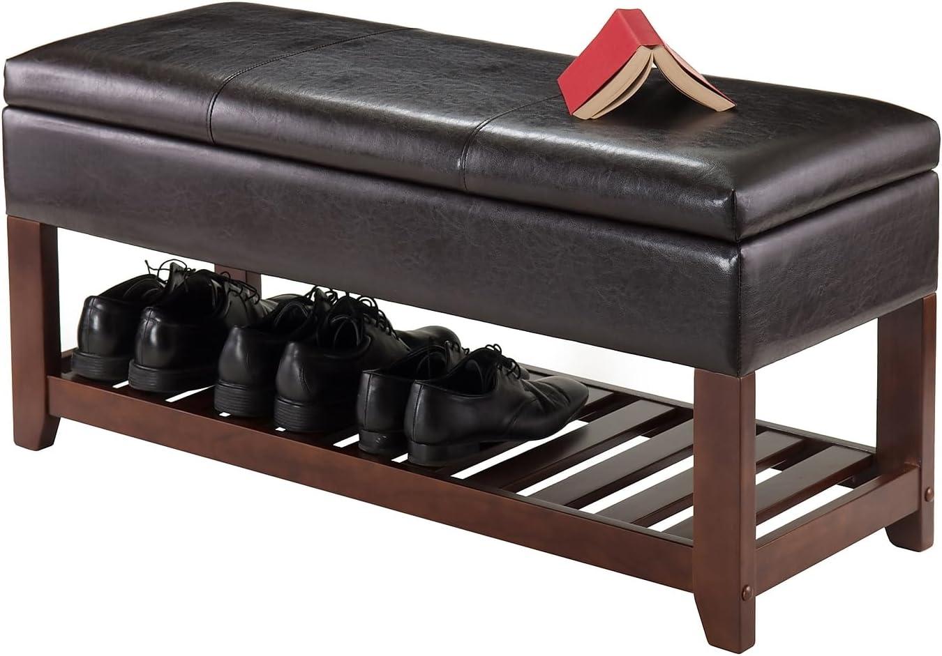 Monza Bench with Storage Chest and Shoe Rack, Faux Leather Cushion - Winsome