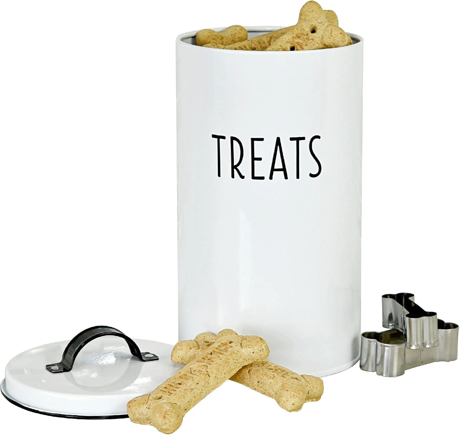 White Metal Farmhouse Pet Treat Container with Lid and Cookie Cutters