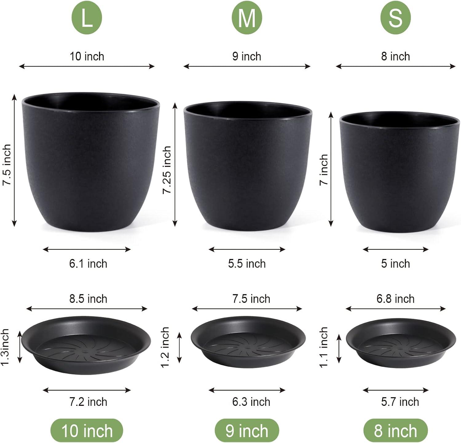 Gardrium Plant Flower Pots 10/9/8 inch Set of 3, Plastic Planters with Drainage Hole for Indoor Outdoor Garden, Black C9