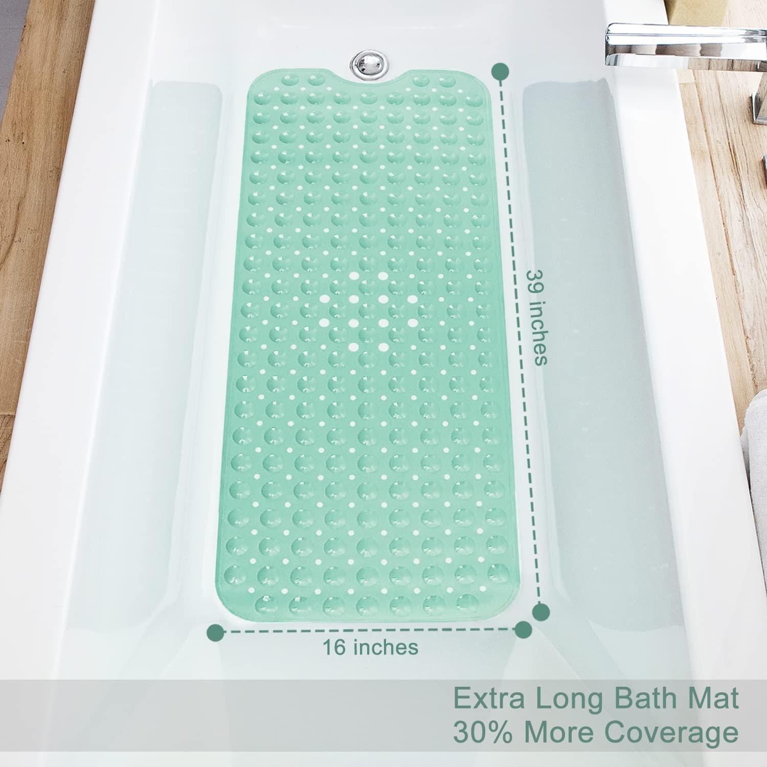 Bathtub and Shower Mats, Extra Long Non-Slip Bath Mat 39 x 16 Inch, Machine Washable Bath Tub Mat with Suction Cups & Drain Holes for Bathroom, Pale Green
