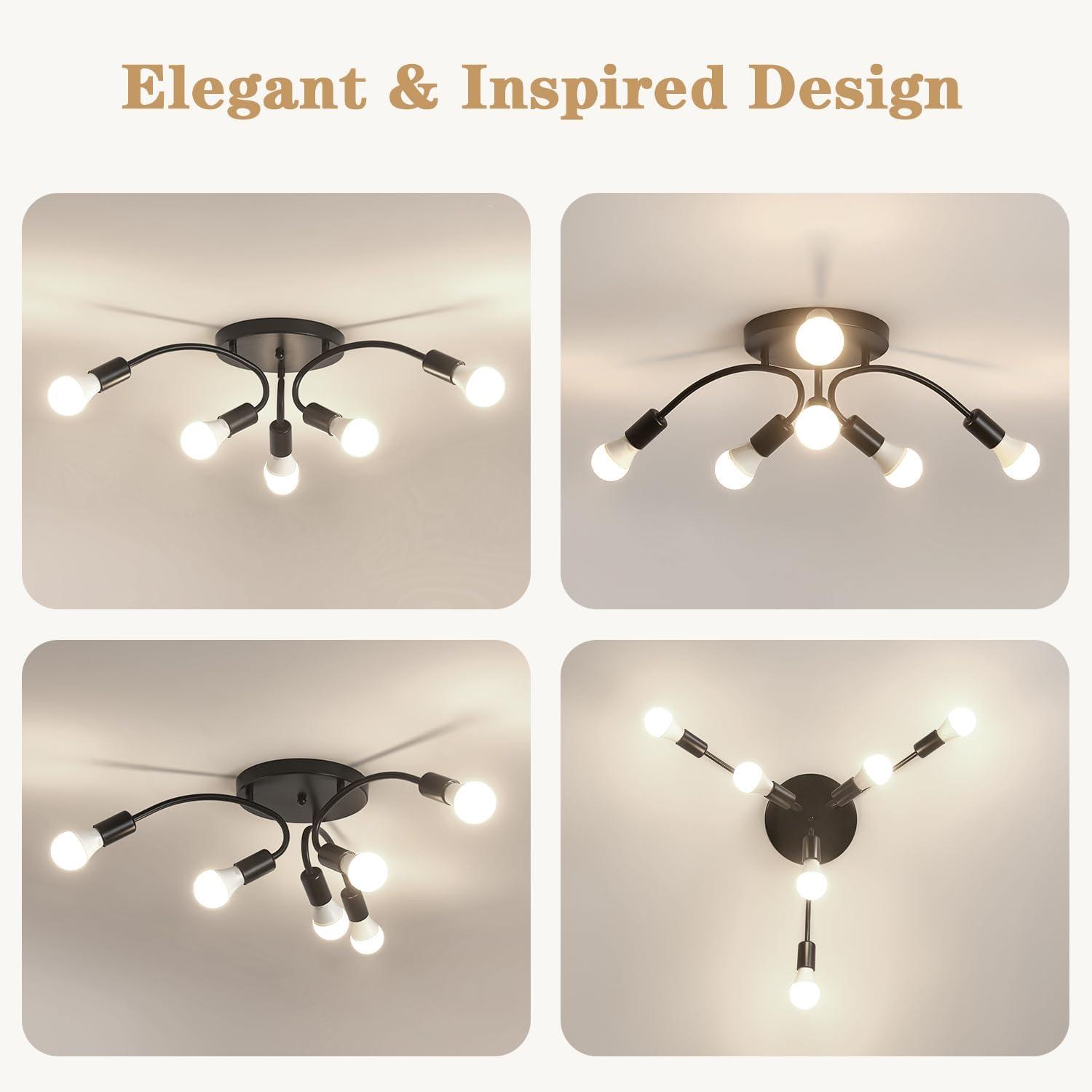 Modern Sputnik Chandeliers, 6-Light Ceiling Light Fixture for Bedroom, Kitchen, Dining Room, Living Room, Black with E26 Bulb Base