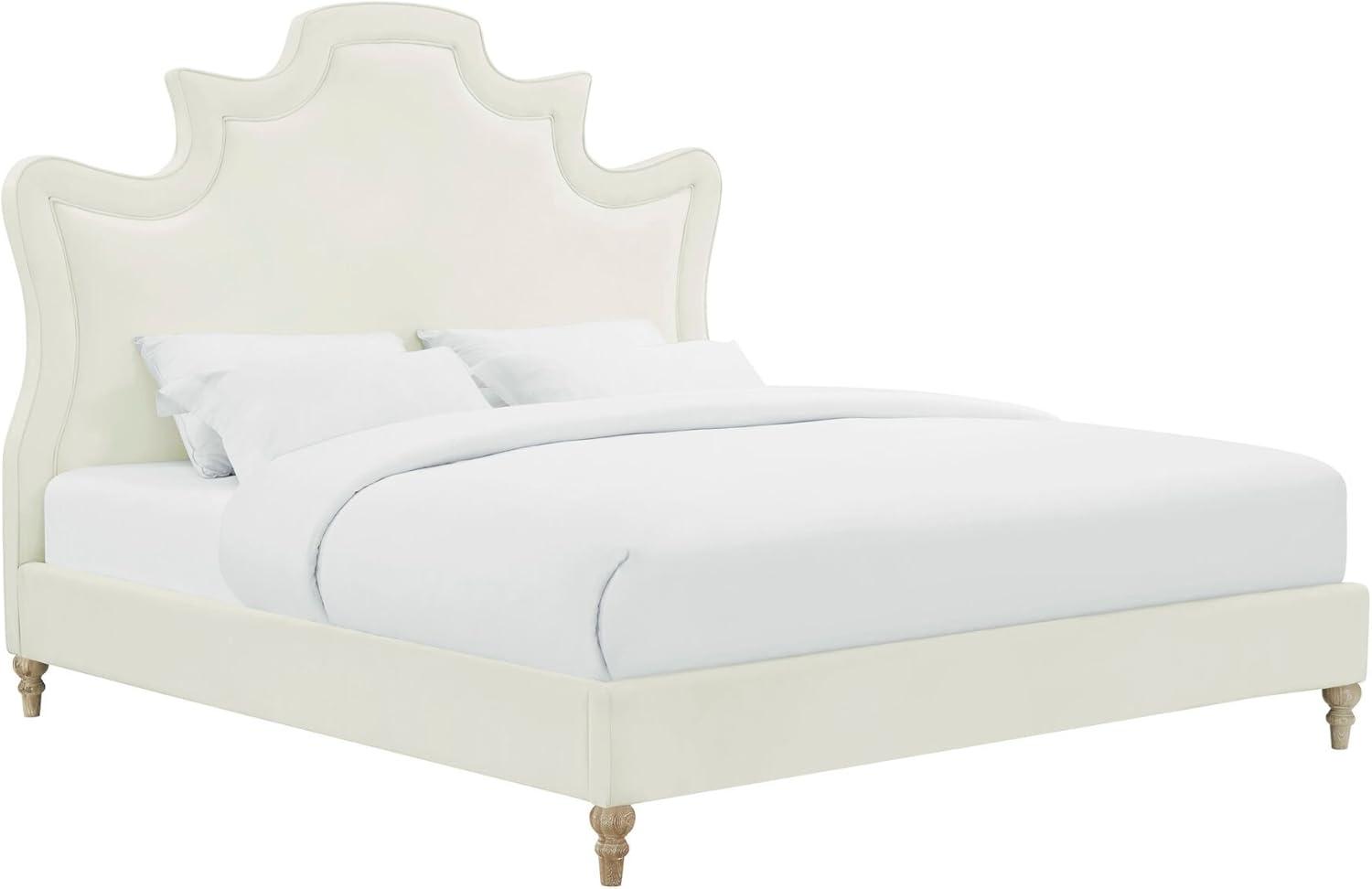 Elegant Cream Velvet Upholstered Queen Platform Bed with Tufted Headboard