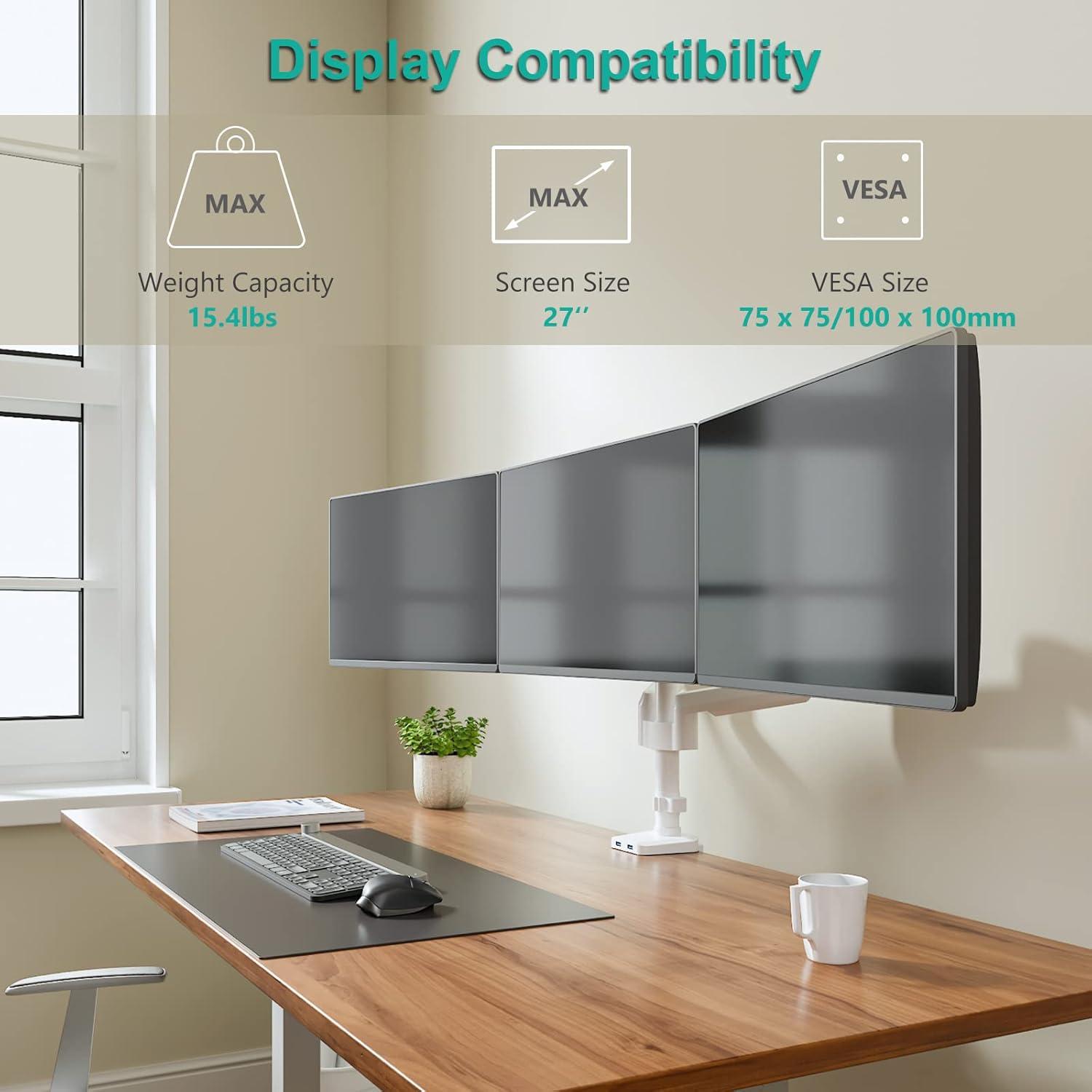 White Triple Monitor Desk Mount with Gas Spring Arm