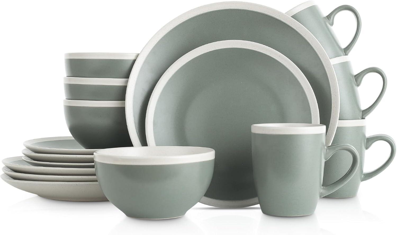Stone Lain Serenity 16-Piece Stoneware Dinnerware Set, Service for 4, Green and Cream