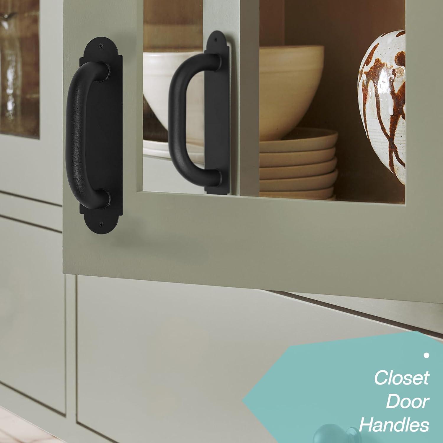 8'' Black Heavy Duty Barn Door Pull Handles 2 Pack, Outdoor Metal Power Coated Modern Gate Hanlde for Fence Garden Patio Gates, Interior Closet Cabinets Door Pulls