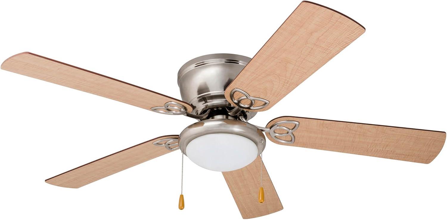 Prominence Home 51428 Benton Hugger/Low Profile Ceiling Fan, 52” Walnut/Maple Blades, LED Globe Light, Brushed Nickel