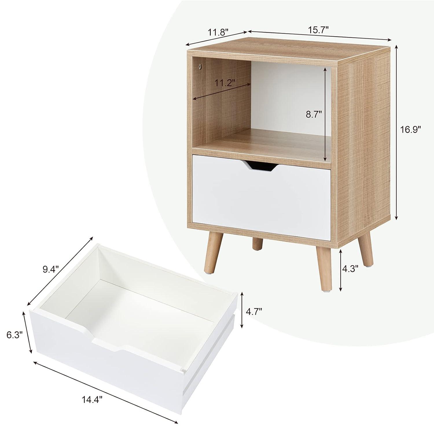 Sweetgo Modern Wooden Bedroom 2-Tier Nightstand End Side Table with Open Shelf, 4 Anti-Slip Rubber Padded Legs, & 1 Storage Drawer, Tan, Set of 2