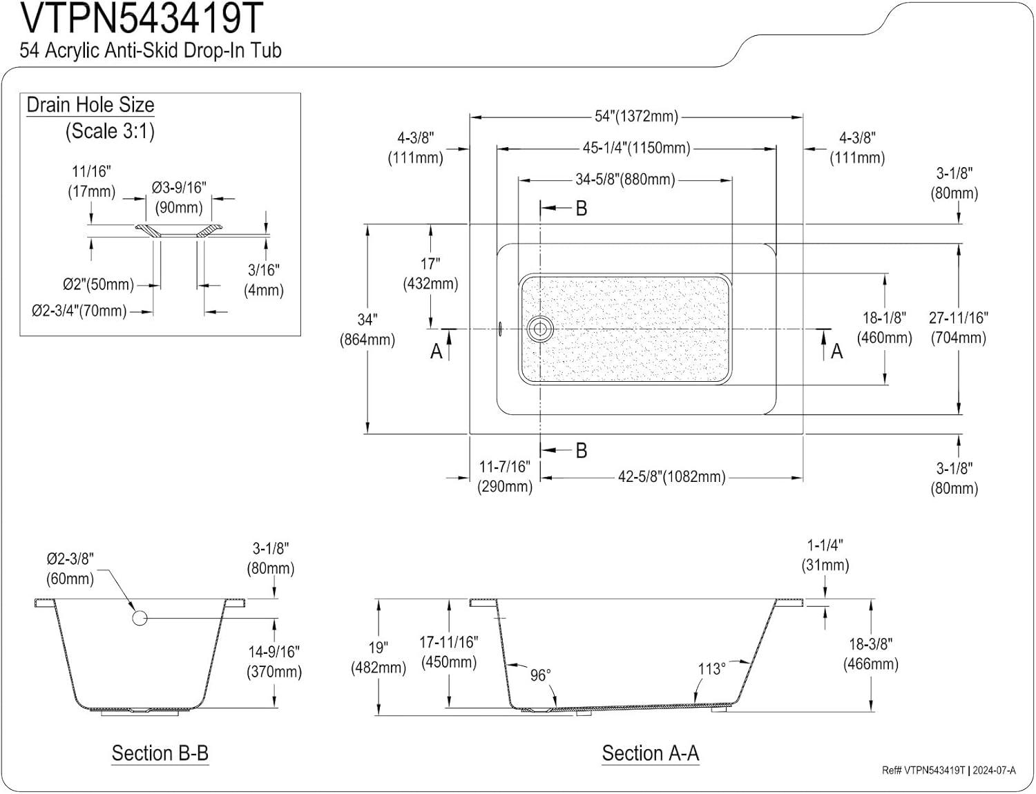 Kingston Brass Aqua Eden 54-Inch Acrylic Rectangular Drop-In Tub with Anti-Skid Surface
