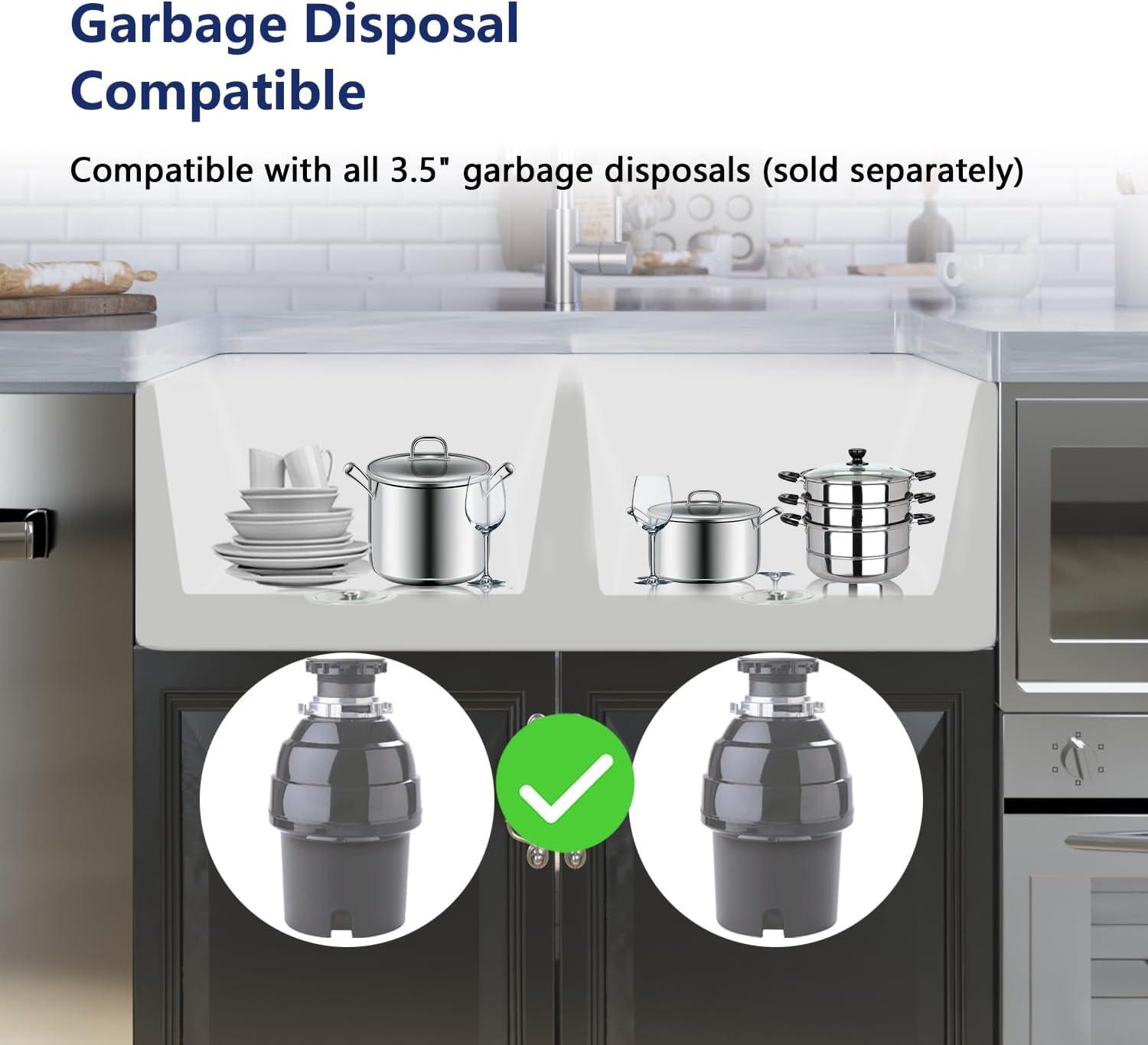 Nova 33" L x 18" W Double Bowl Fireclay Farmhouse Kitchen Sink with Sink Grid and Basket Strainer