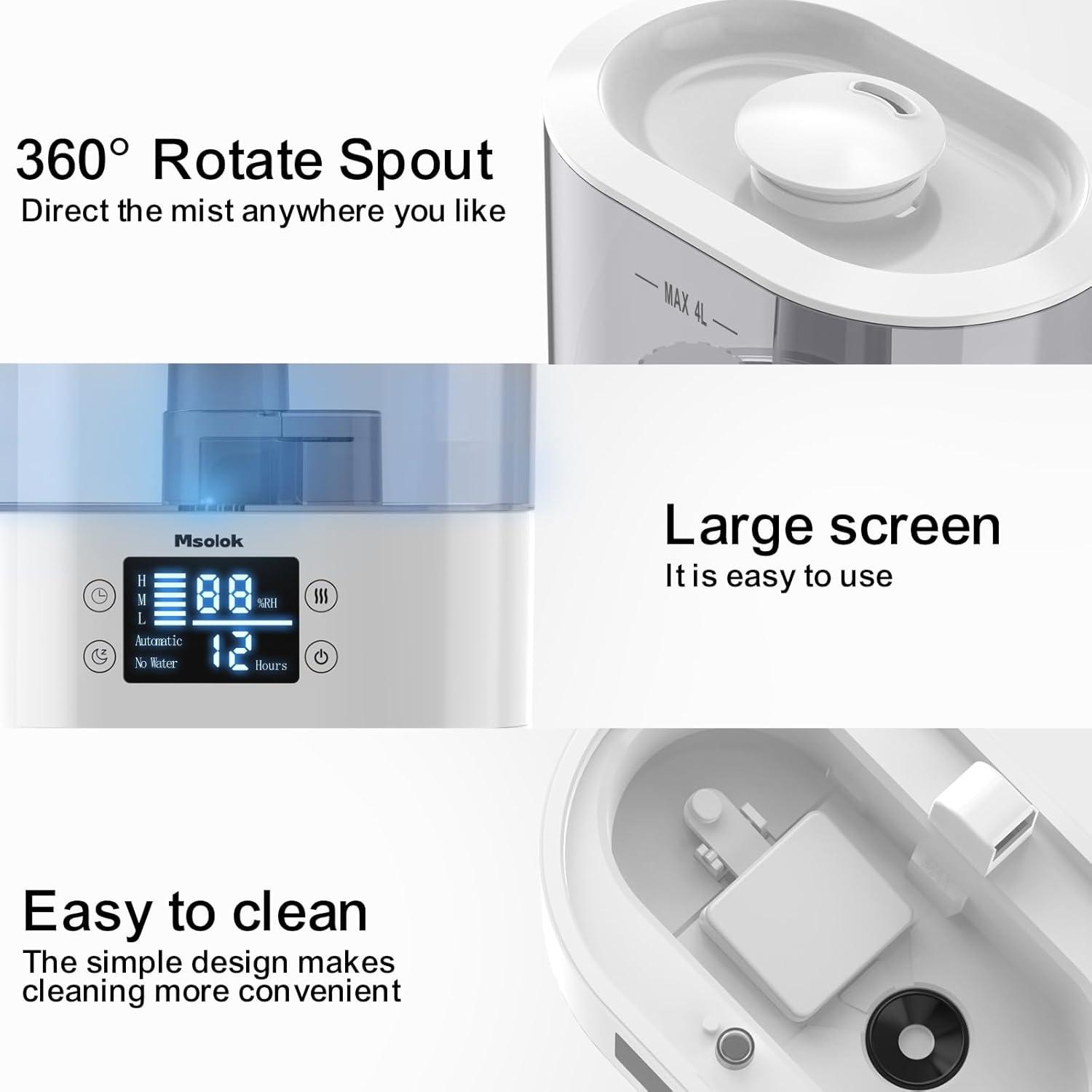 BEACHWATER POOL & SPA, LLC Humidifiers For Bedroom And Home & Baby - 4L Cool Mist Air Humidifiers For Plants, 26Db Quiet Top Fill Air Humidifier Lasts Up To 40 Hours, Auto Shut-Off, Super Easy To Fill And Clean